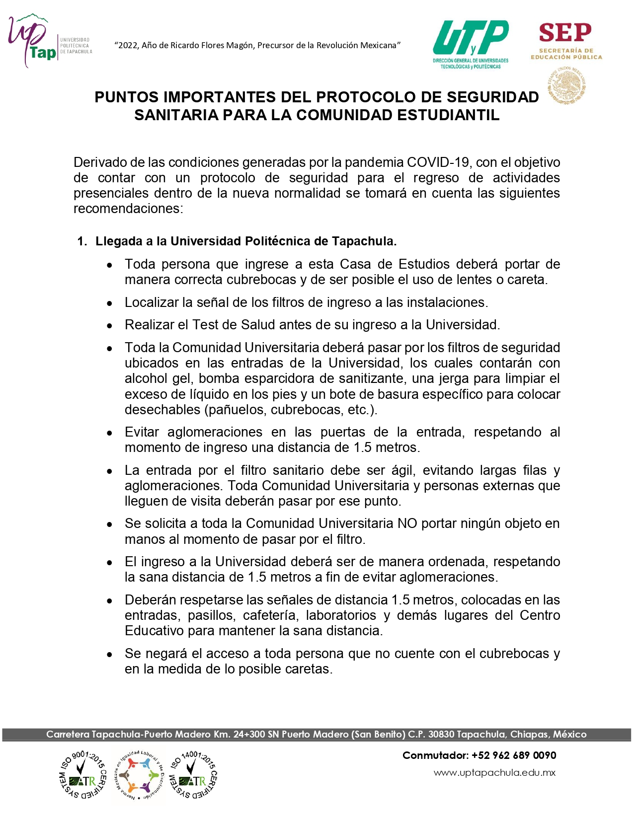 PUNTOS IMPORTANTES DEL PROTOCOLO DE SEGURIDAD SANITARIA PARA LA COMUNIDAD ESTUDIANTIL