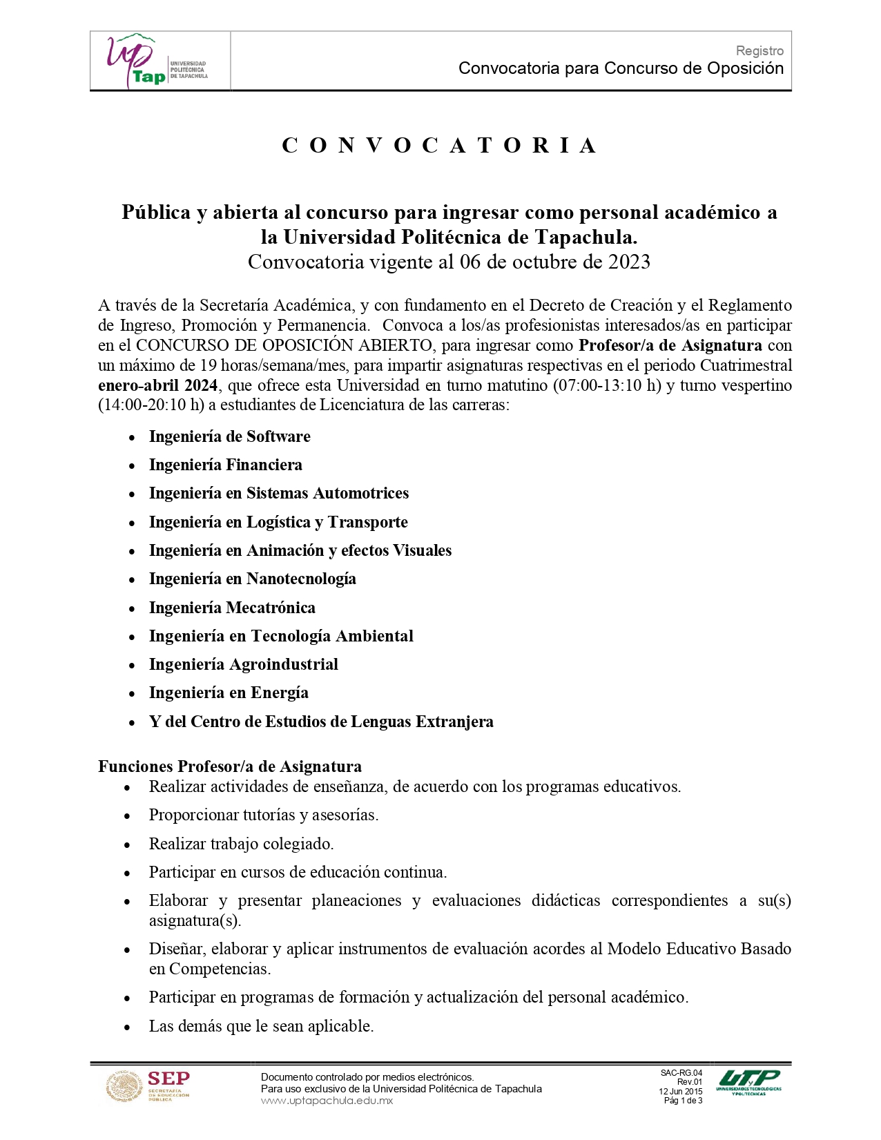 CONVOCATORIA PÚBLICA - CONCURSO DE OPOSICIÓN ABIERTO, para ingresar como personal académico.
