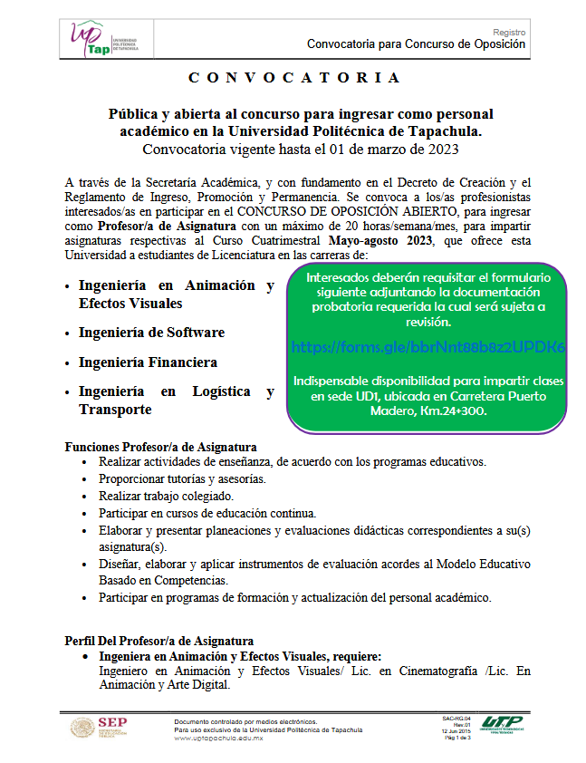 Convocatoria - CONCURSO DE OPOSICIÓN ABIERTO, para ingresar como Profesor/a de Asignatura Mayo - Agosto 2023.